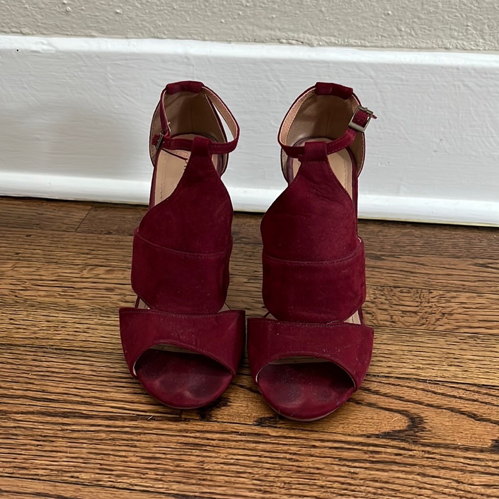Maroon suede block heels